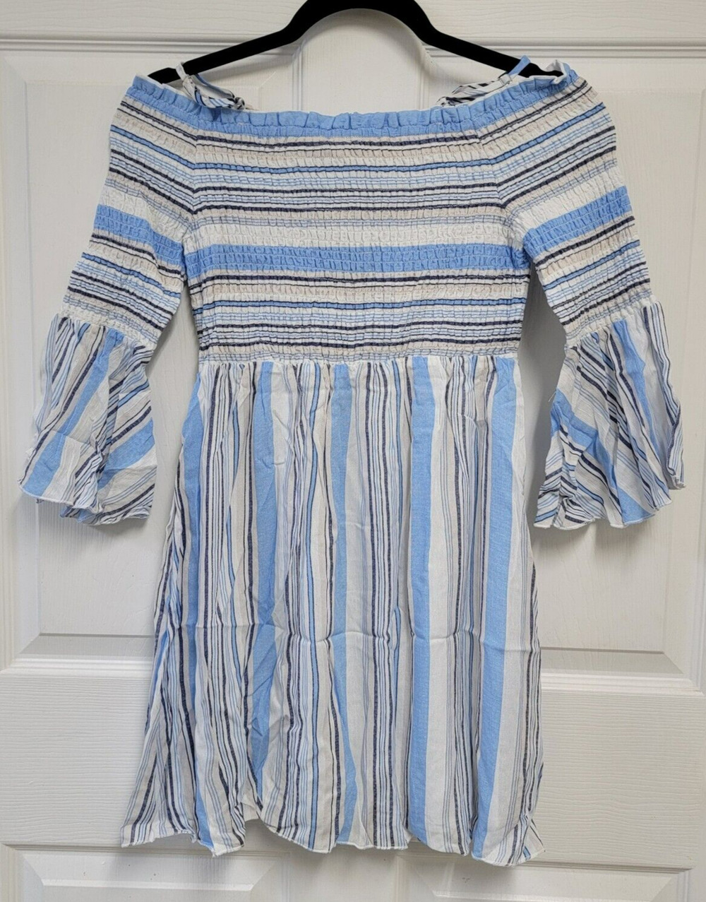 Truly Me Cold Shoulder Dress Bell Sleeve Blue Multi Stripes Girls Size 12